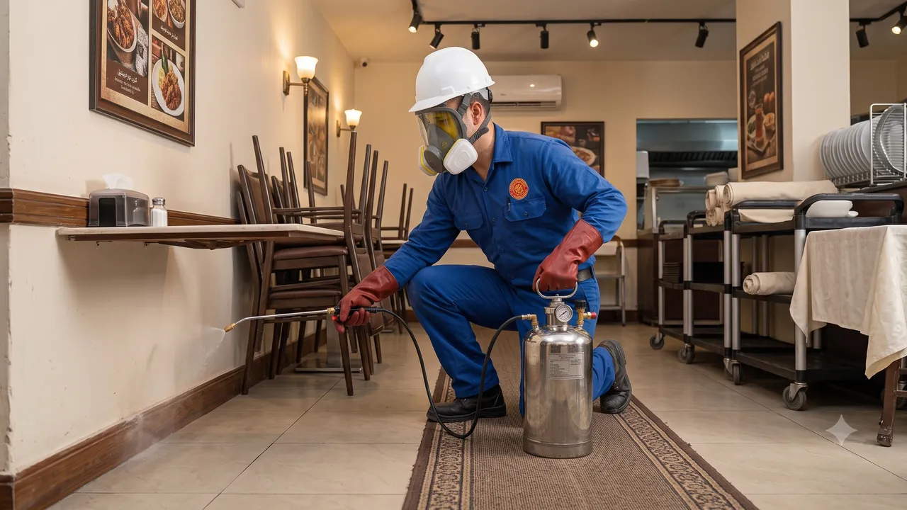 Unified Group technician treating a Karachi restaurant during a scheduled AMC visit